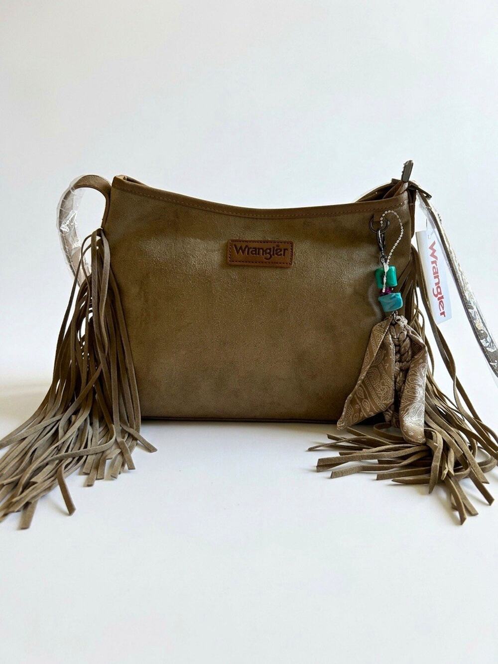 NWT Wrangler Fringe Hobo Crossbody Bag Tan Faux Suede Western Purse Charm